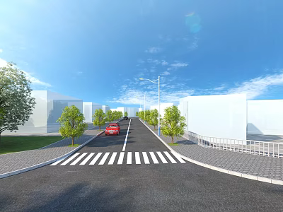 Municipal Road With Crosswalk Red Car Street Lamps Green Trees And White Buildings 3d model