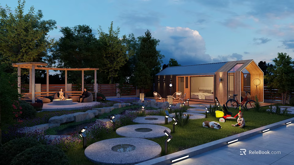 Detached Villa With Landscaped Garden Stone Pathway Outdoor Lighting And Lawn 3d model 