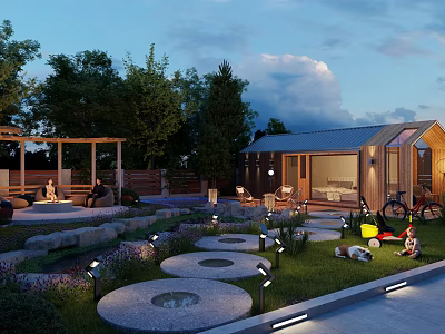 Detached Villa With Landscaped Garden Stone Pathway Outdoor Lighting And Lawn 3d model