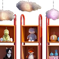 Colorful Pokémon Plush Toys Display with Rabbit Doll in Center and Cloud Pendant Lights