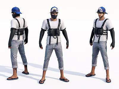 Game Movie Character In Blue Cap White T-shirt Black Tactical Vest And Rolled Up Jeans 3d model