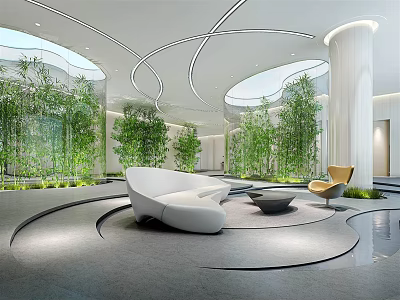 Modern Reception Area Lobby With Curved Design Green Plants Sofa And Round Skylights 3d model