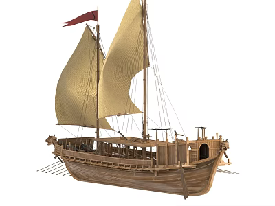 Classic Wooden Ship With Yellow Sails Red Flag And Wooden Oars Design 3d model
