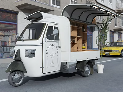 Classic Vintage Food Truck On Urban Street With Open Cabin Wooden Shelves And Trash Bin 3d model