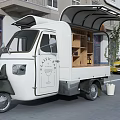 Classic Vintage Food Truck On Urban Street With Open Cabin Wooden Shelves And Trash Bin