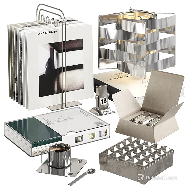 Minimalist Decorative Ornament Set with books metal sculptures geometric ornaments small boxes and containers 3d model 