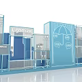 Modern Blue Exhibition Booth With Glass Structures Display Shelves And Seating Furniture