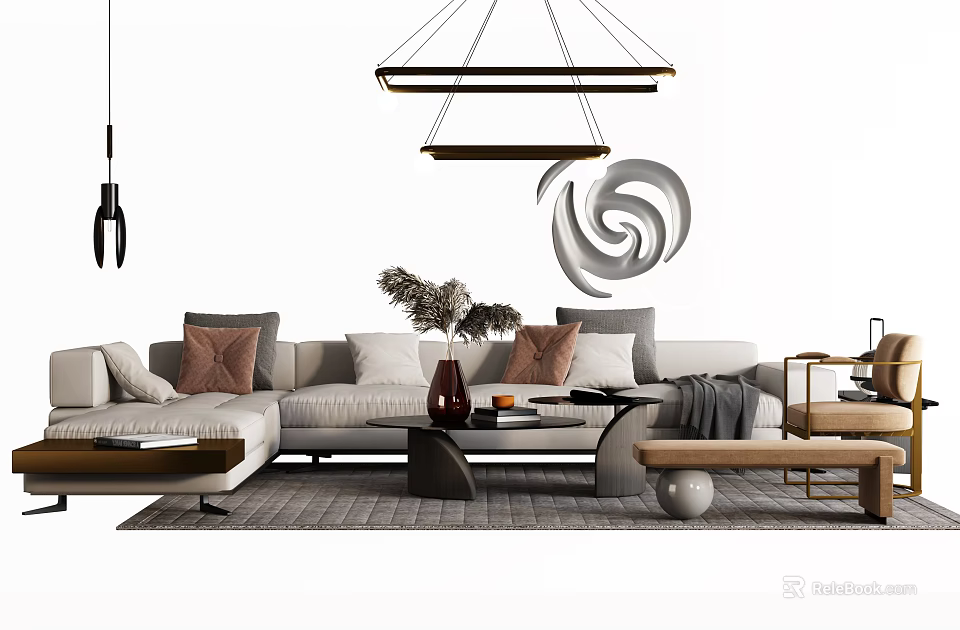 Modern Elegant Sofa Coffee Table Set With Throw Pillows Vase And Chandelier 3d model