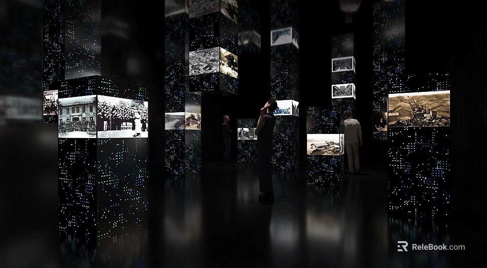 Garden Landscape Exhibition Featuring Hanging Cube Displays And Light Decorations 3d model 