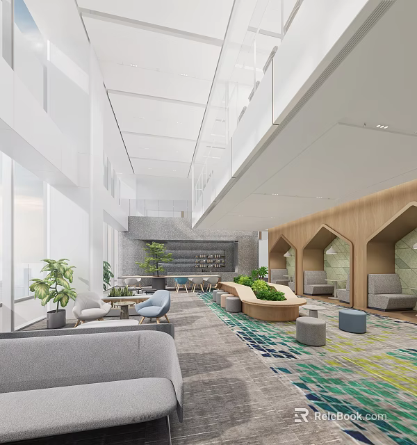 Modern Leisure Area Interior Design With Potted Plants And Colorful Carpet 3d model 