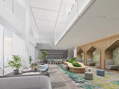 Modern Leisure Area Interior Design With Potted Plants And Colorful Carpet 3d model