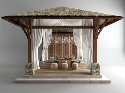 Traditional Wooden Thatched Roof Pavilion With White Curtains Decorative Wall And Ceramic Jars 3d model