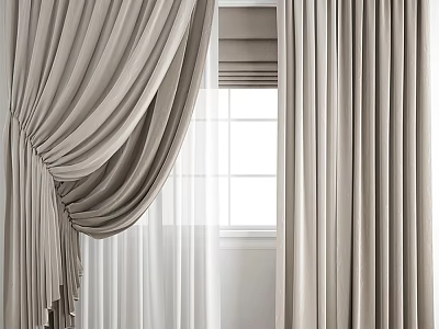 Elegant Beige Curtains With Soft Folds And Layered Design By Window 3d model
