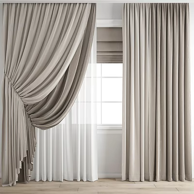 Elegant Beige Curtains With Soft Folds And Layered Design By Window 3d model