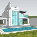 Modern Detached Villa with White Exterior Glass Facade Swimming Pool and Grass Lawn