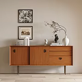 Modern Wooden Entryway Console Cabinet With Vase Books Sculpture And Wall Paintings