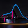 Vibrant Neon Art Installation With Blue Pink Curved Lines On Circular Platform