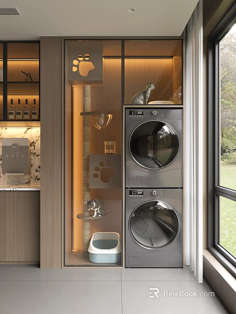 Modern Home Balcony Laundry Area With Cat Tree And Natural Window View 3d model 