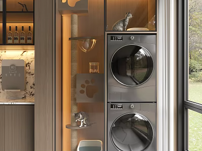 Modern Home Balcony Laundry Area With Cat Tree And Natural Window View 3d model