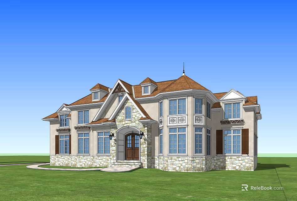 European Style Detached Villa With Brown Roof Stone Walls Multiple Windows And Green Lawn 3d model 