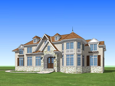 European Style Detached Villa With Brown Roof Stone Walls Multiple Windows And Green Lawn 3d model