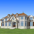 European Style Detached Villa With Brown Roof Stone Walls Multiple Windows And Green Lawn