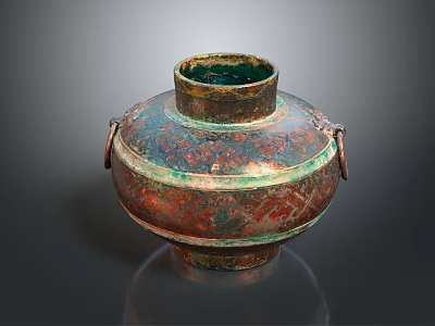 Ancient Bronze Vessel With Decorative Patterns And Two Side Handles 3d model