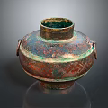 Ancient Bronze Vessel With Decorative Patterns And Two Side Handles 3d model