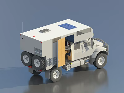 Modern Modified Camping Vehicle With Solar Panel Open Door And Interior Setup 3d model