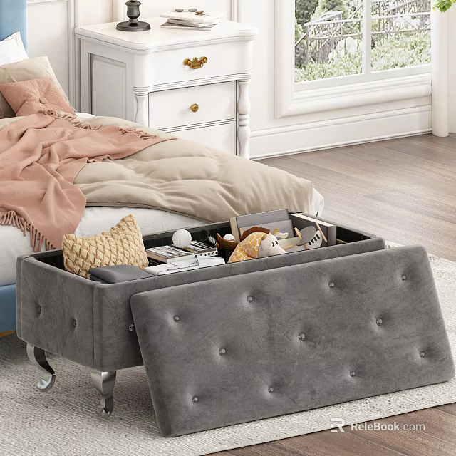 Cozy Bedroom Interior With Bed Pink Blanket White Nightstand And Grey Storage Ottoman 3d model 
