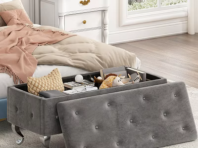 Cozy Bedroom Interior With Bed Pink Blanket White Nightstand And Grey Storage Ottoman 3d model