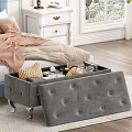 Cozy Bedroom Interior With Bed Pink Blanket White Nightstand And Grey Storage Ottoman