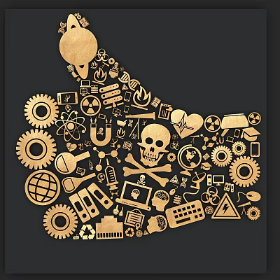 Golden Thumbs Up Shaped Decorative Pendant With Gears Atom Skull Globe Keyboard And Recycle Icons 3d model