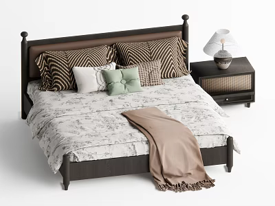 Double Bed with Dark Headboard Patterned Pillows Green Accent Pillow Brown Throw and Nightstand Lamp 3d model