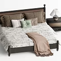 Double Bed with Dark Headboard Patterned Pillows Green Accent Pillow Brown Throw and Nightstand Lamp 3d model