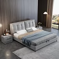 Modern Double Bed With Grey Padded Headboard And Wooden Wall Bedroom Interior
