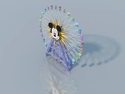 Colorful Cabins Ferris Wheel Featuring Mickey Mouse Head Purple Frame And Light Blue Background 3d model