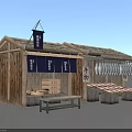 Traditional Wooden Stall With Hanging Fresh Fish Blue Curtains And Benches