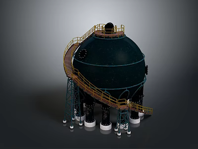 Black Spherical Industrial Structure With Yellow Staircase Platform And White Support Columns 3d model