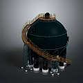 Black Spherical Industrial Structure With Yellow Staircase Platform And White Support Columns 3d model