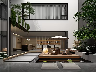 Modern Courtyard Garden Design With Wooden Deck Outdoor Seating Umbrella Water Feature And Greenery 3d model
