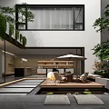 Modern Courtyard Garden Design With Wooden Deck Outdoor Seating Umbrella Water Feature And Greenery