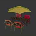 Outdoor Dining Set Featuring Wooden Table Red Chairs And Yellow Umbrella