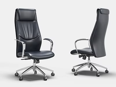 Black Leather Office Chair with High Back Design Metal Armrests and Swivel Base Wheels 3d model