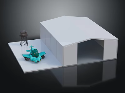 White Hangar Building With Blue Airplane And Water Tower In Model Scene 3d model
