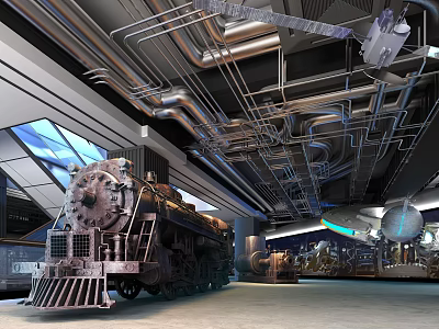 Vintage Steam Locomotive Displayed in Industrial Style Museum Exhibition Hall with Metal Pipes 3d model