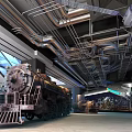 Vintage Steam Locomotive Displayed in Industrial Style Museum Exhibition Hall with Metal Pipes