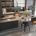 Modern Kitchen Interior With Dark Countertop Island And Orange Black Dining Chairs