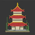Chinese Traditional Pagoda with Multiple Stories Red Roof Yellow Decorations Green Pillars and Red Lanterns