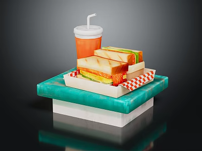 Delicious Sandwiches And Refreshing Drink On Teal Tray With Red White Checkered Paper 3d model